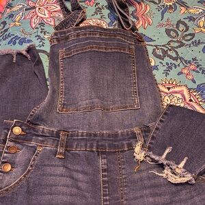 Denim Overalls with Frayed Hem